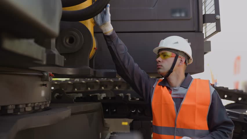 Worker mechanic checks hydraulic hoses of excavator with tablet computer. Man in hard hat industrial worker.