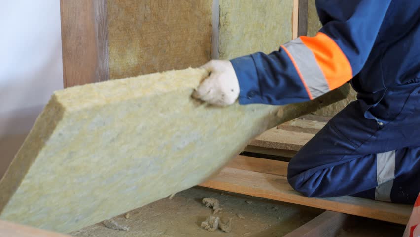 Insulation of a frame house with mineral wool. Cutting, fitting, laying insulation. Construction works. Construction of a private house. Insulation of the attic. The work of a builder, a master. An