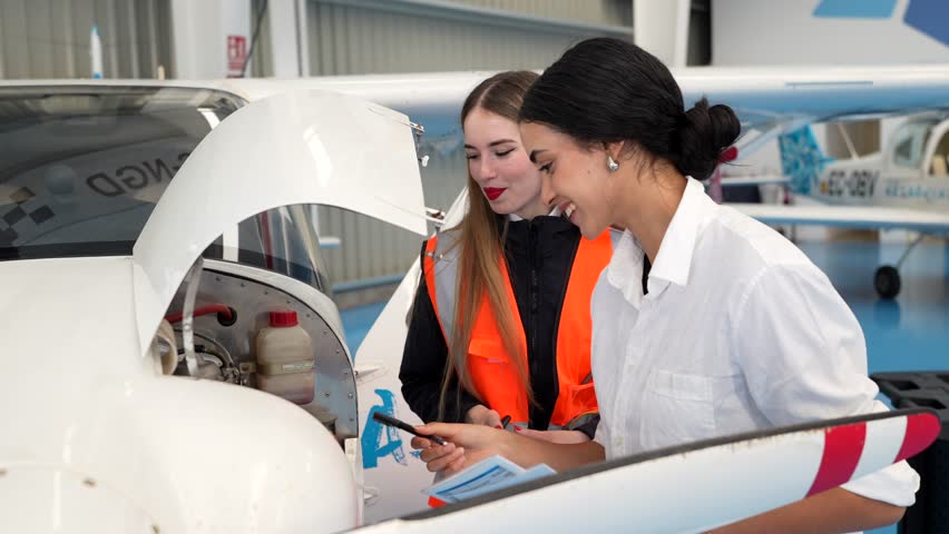 Aviation technician demonstrates aircraft maintenance to a student in a hangar, focusing on engine inspection and operational procedures