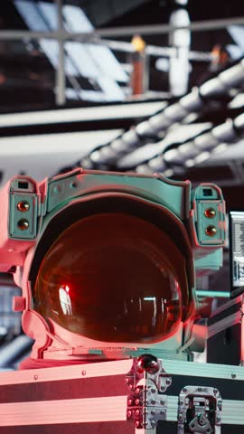 Vertical video Close up of isolated screen monitor inside futuristic spacecraft bay used for running telemetry software. Chroma key display used for reviewing space station onboard analytics
