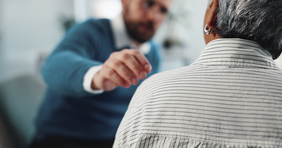 Psychology, support and consulting with shoulder of person for talking, mental health and therapy. Help, empathy and anxiety assessment with closeup of patient for advice, trauma and counseling