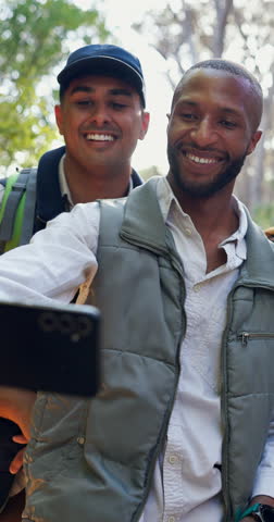 Hiking, selfie and group of people in nature for memory, adventure and environment tour guide. Photography, eco destination trip and trekking with friends in forest for wellness, peace and picture