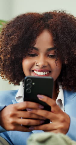 Phone, happy and businesswoman in office with communication, contact or network for creative career. Cellphone, laugh and female designer with email for client feedback on magazine publishing.