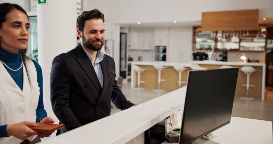 Hotel, receptionist and couple with passport for check in, reservation and luxury accommodation. Hospitality industry, concierge service and people with assitance for holiday booking and confirmation