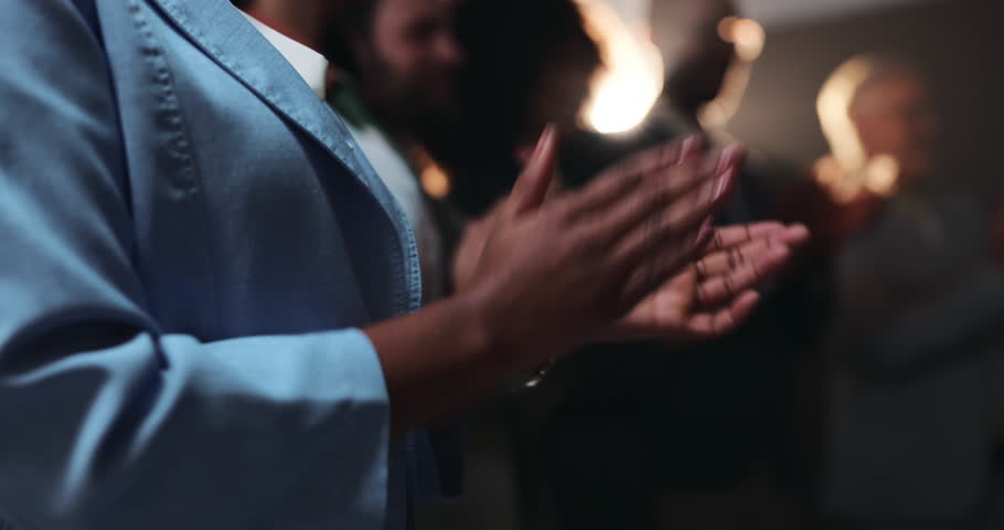 Business people, night or applause in meeting at seminar for award ceremony, thank you or well done. Closeup, group or team clapping in late evening for success, good job or presentation at summit