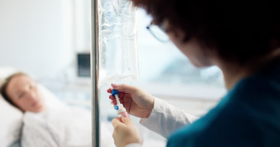 Nurse, hands or check iv drip in hospital for patient medication, healthcare treatment or nutrients. Medicine, woman and monitor intravenous infusion for hydration, anesthesia and prescription fluids