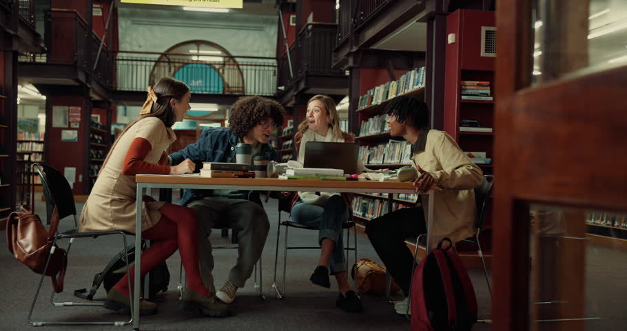 Celebration, high five and group of students in library with good marks, acceptance or scholarship. Happy, textbooks and friends studying together for university exam, test or assignment on campus.