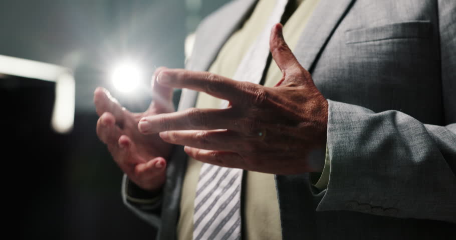 Business, hands and presentation with person at seminar for coaching, development or conference. Explain, speech and symposium with employee on podium for corporate workshop as motivational speaker