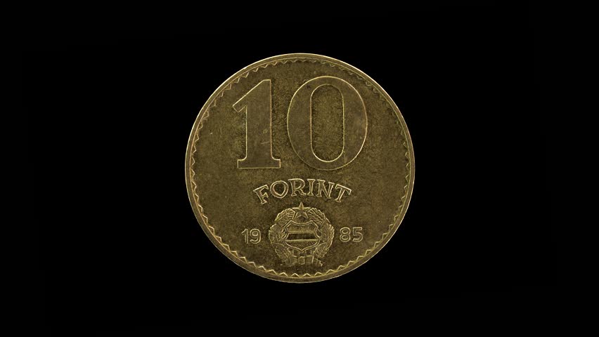 Hungary 10 forint 1985 reverse with coat of arms, macro loop on black background