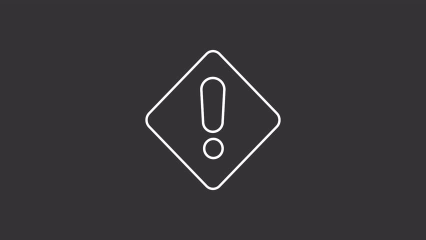 Exclamation traffic sign white line animation. Roadsign animated icon. Scaling, shaking. Warning notification, alert. Danger mark. Isolated element on dark background. Alpha transparent video