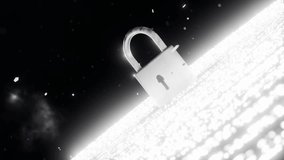 Metal padlock standing on glowing white digital surface in dark space. Cyber security and data protection concept. Design for poster, banner, wallpaper, header - Powered by Shutterstock - Get 15% off with code: PIKWIZARD15