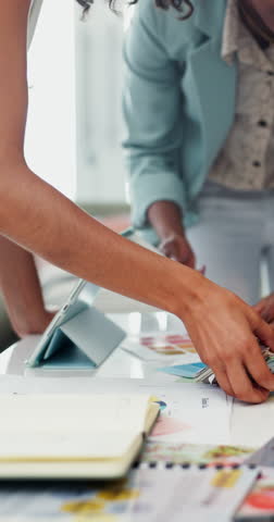 Documents, meeting and startup with hands of business people for planning, review and color palette. Interior designer, project deadline and progress with closeup of employees for creative strategy