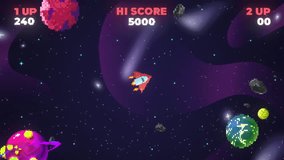 A pixelated red spaceship navigates an asteroid-filled galaxy, dodging UFOs and projectiles, with score indicators and colorful planets in a retro arcade-style space shooter game. - Powered by Shutterstock - Get 15% off with code: PIKWIZARD15