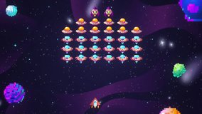 A pixel art space battle shows a red spaceship firing at an alien fleet of colorful UFOs and purple rockets amid a starry cosmos with floating retro-style planets and asteroids. - Powered by Shutterstock - Get 15% off with code: PIKWIZARD15