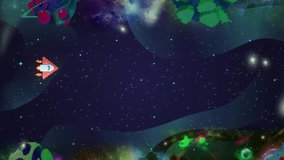 A red pixel-art spaceship fires from left to right in a vivid nebula, destroying an alien UFO with explosion, surrounded by stars, planets, and colorful galactic clouds in retro space shooter scene. - Powered by Shutterstock - Get 15% off with code: PIKWIZARD15