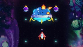 Fake gaming scene: a pixel art space battle shows a red spaceship fighting a boss UFO ship. Space-themed retro style arcade fake gameplay: final boss fight and victory. - Powered by Shutterstock - Get 15% off with code: PIKWIZARD15