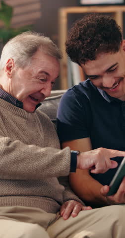 Tablet, laugh or senior man with physiotherapist in home for test results, therapy or medical rehabilitation. Happy, funny joke and elderly patient in retirement with good news or healthcare recovery