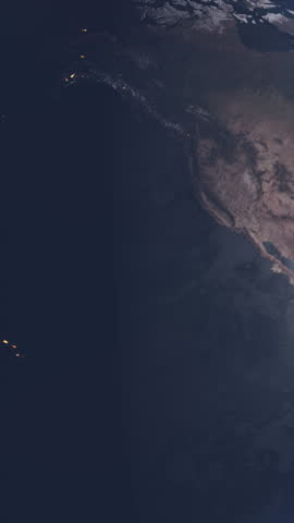 Vertical Video View from Space of Asia and Europe Continents with City Lights Visible as Earth Rotates Transitioning from Day to Night. Science Space Footage Idea for Adding to Social Media Videos.