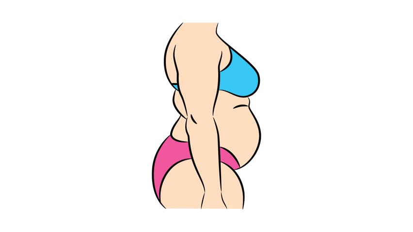 2D animation of woman body transformation. Before and after, overweight-turning thin, Fat belly before and slim fit perfect abs after fast weight loss process. Weight Loss Comparison. 2d render