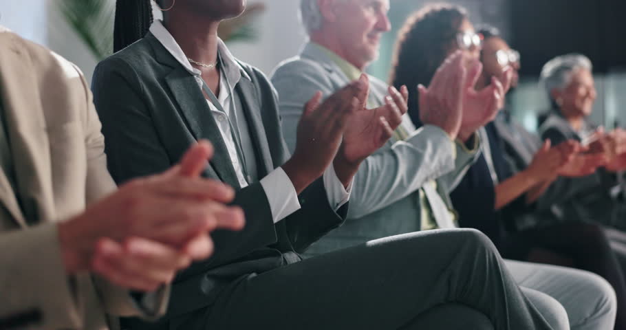 Seminar, audience and applause for presentation, hands or group in training workshop or achievement. Clapping, people and celebration for conference, together and success for good news in meeting