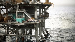 An old oil rig platform stands in the middle of the expansive ocean, surrounded by waves and sea spray. - Powered by Shutterstock - Get 15% off with code: PIKWIZARD15