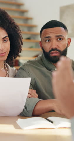 Happy couple, documents or meeting with financial advisor for finance agreement, proposal or home. Man, woman and consultant with paperwork for discussion, budget plan or mortgage settlement at house