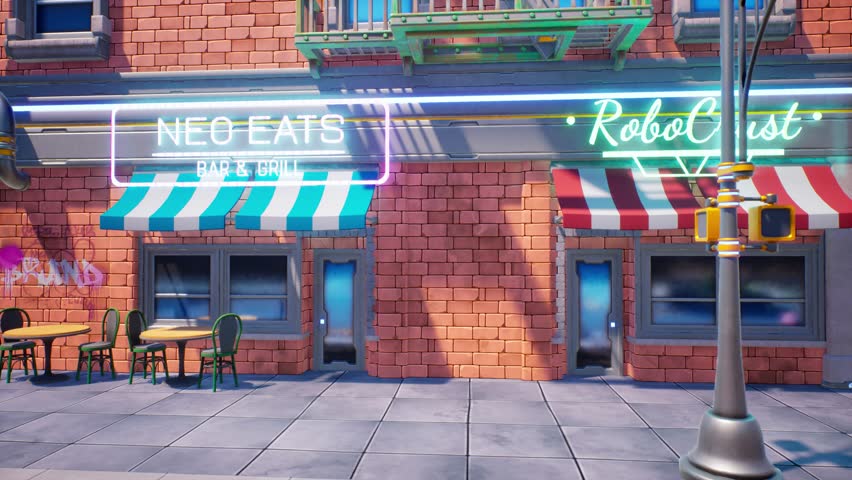 Futuristic cartoon urban landscape with bright buildings, clear skies, and overhead rail lines.