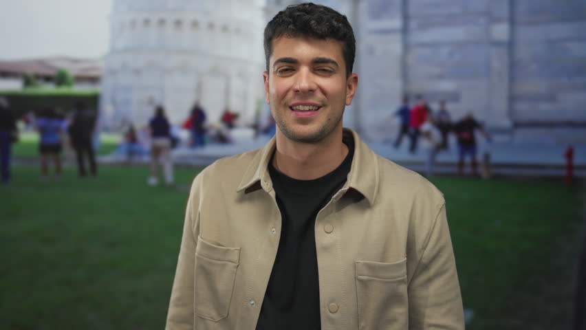 Young hispanic man with hands on hips at leaning tower of pisa plaza; confidence travel.