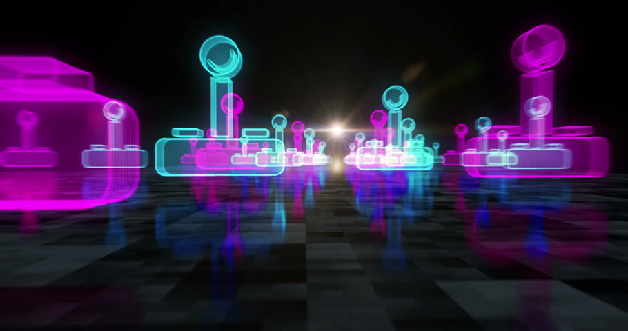 Joystick videogame and gaming symbol abstract cyber concept. Digital technology and computer background seamless and looped 3d animation.