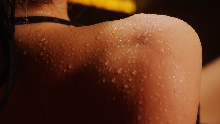 Enjoy Warm In Bathhouse, Lady Relaxing In Steam Bath, Close Up View Of Female Shoulder With Sweat