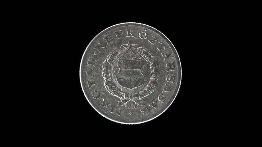 Hungary 1 forint 1976 obverse with socialist coat of arms, macro loop on black background