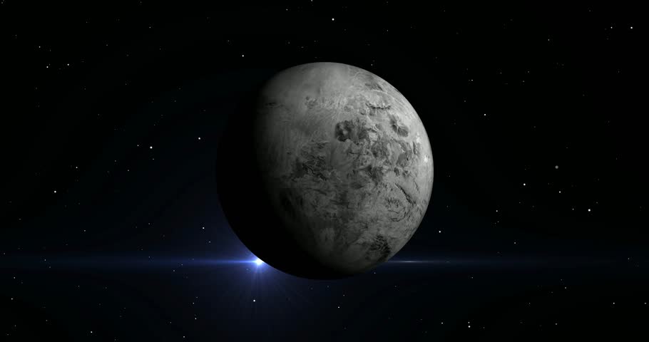 A detailed 3D rendering of a grey, cratered planet set against a backdrop of stars and a faint blue light. The planet shows surface details and