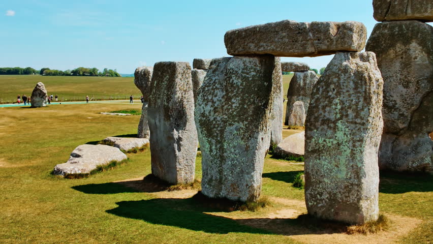 Monolithic sarsen stones forming concentric rings beneath open skies on Salisbury Plain, Stonehenge, Salisbury, Wiltshire, England, UK
