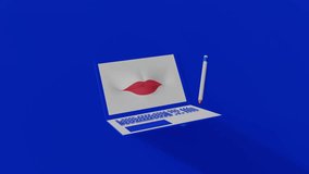 Creative digital composition with laptop screen displaying abstract typography and red lips surrounded by colorful geometric shapes and pencil symbolizing online design. - Powered by Shutterstock - Get 15% off with code: PIKWIZARD15