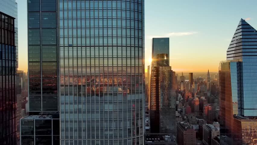 New York City beautiful evening with sunset and cinematic color grading drone camera footage 