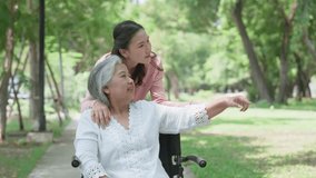 Asian careful caregiver or nurse taking care of the patient in a wheelchair. Concept of happy retirement with care from a caregiver and Savings and senior health insurance, a Happy family - Powered by Shutterstock - Get 15% off with code: PIKWIZARD15