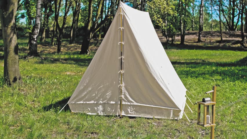 Napoleonic Era Military Cotton Cloth Tent in Infantry Camp during Historical Battle ReenactmentEvent