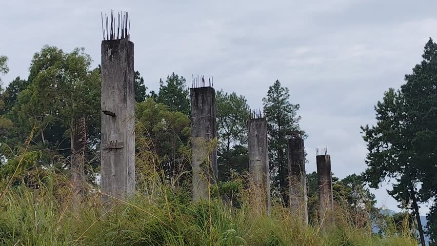 An old abandoned and unfinished building in a field with dense wild vegetation.
