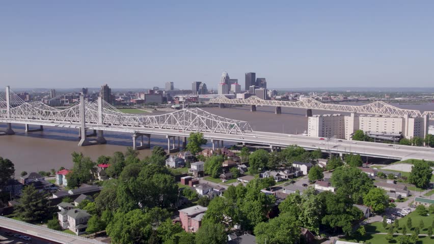 Crisp drone shot of the Louisville, Kentucky skyline on a clear day with no clouds. Ideal for real estate, tourism, or cityscape projects.