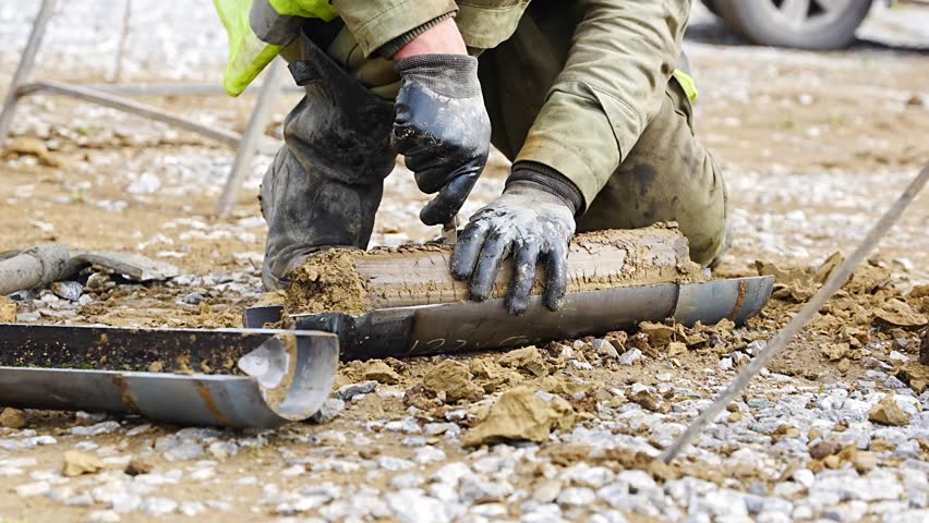 Man cutting and cleaning soil sample for laboratory analysis. Preparation of core material for geotechnical testing and scientific evaluatio. High quality 4k footage