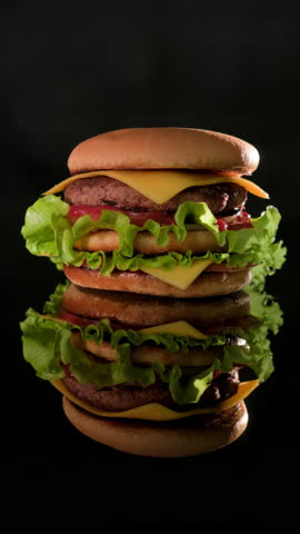 Delicious burger cheeseburger rotating on black background mirror table close up, vertical video