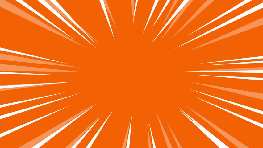 Bright orange background with dynamic white lines radiating outward. Anime manga style comic speed line background loop animation, flash action