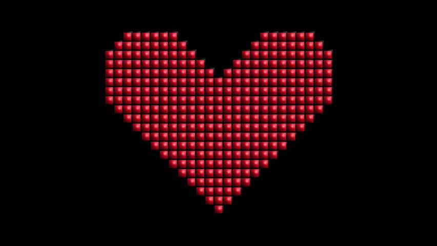 Animated pixel heart blinking, dissolving and reappearing in retro digital glitch style