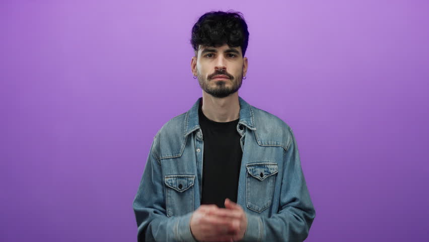 Young man in denim jacket on purple background smiling with hands raised playfully expressing joy and surprise in a lively portrait setup.