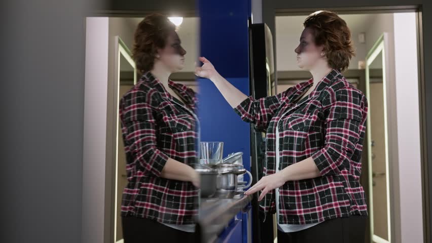 Woman puts clean dishes in kitchen cupboard after washing. House cleaning after lunch dinner.