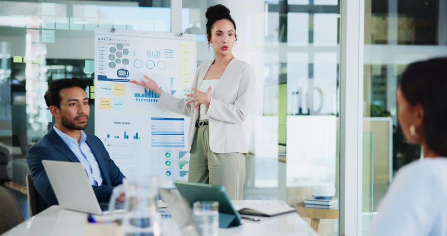 Business woman, presentation and speaker with charts for administration, research or data in office. Graphs, planning and review in workplace for profit feedback, problem solving or whiteboard report