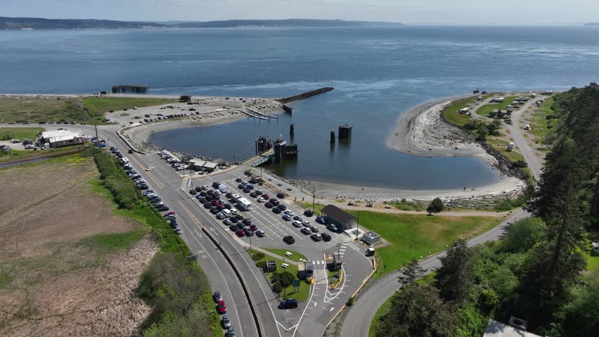 Aerial overview of the ferry line waiting to travel from Whidbey Island to Port Townsend.