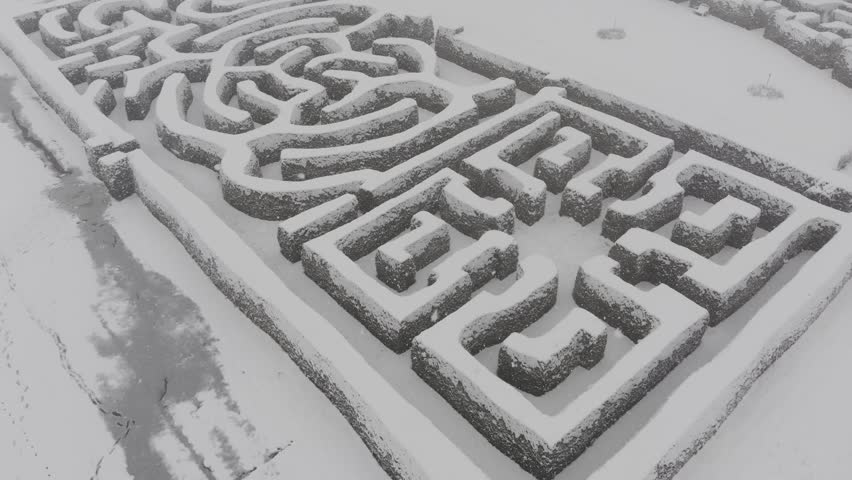 Snowflakes drift gently over a hedge maze, wrapped in soft snow and winter’s calm embrace