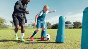 Drill, practice or soccer with coach and kid on field for ball control, exercise or training. Children, dribble and fitness with football player on sports pitch for agility, skill or technique - Powered by Shutterstock - Get 15% off with code: PIKWIZARD15