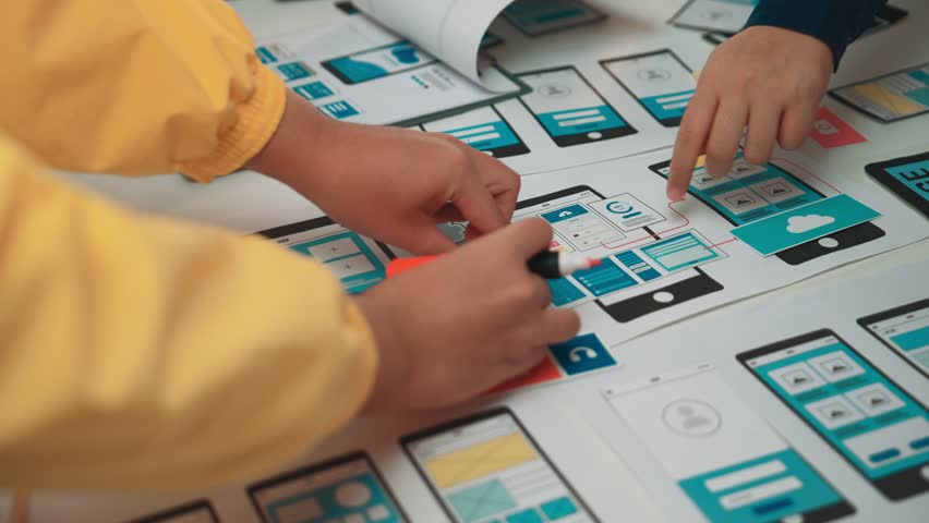 A diverse team engages in collaborative mobile app design, utilizing sketches and prototypes to brainstorm user interface concepts, showcasing creativity and teamwork. SACTR